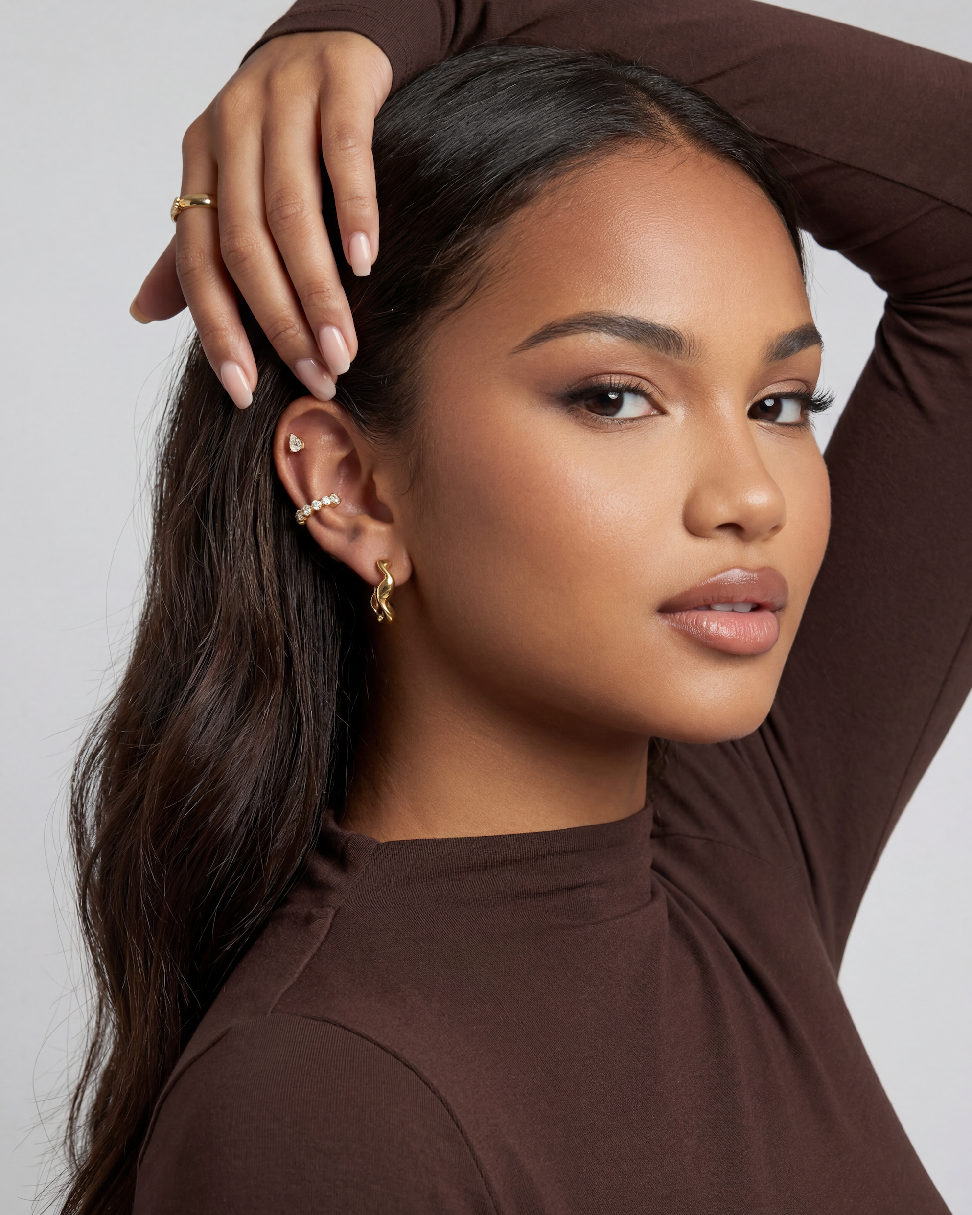 Dainty 14k Gold Solitaire Tennis Hoop Ear Cuff