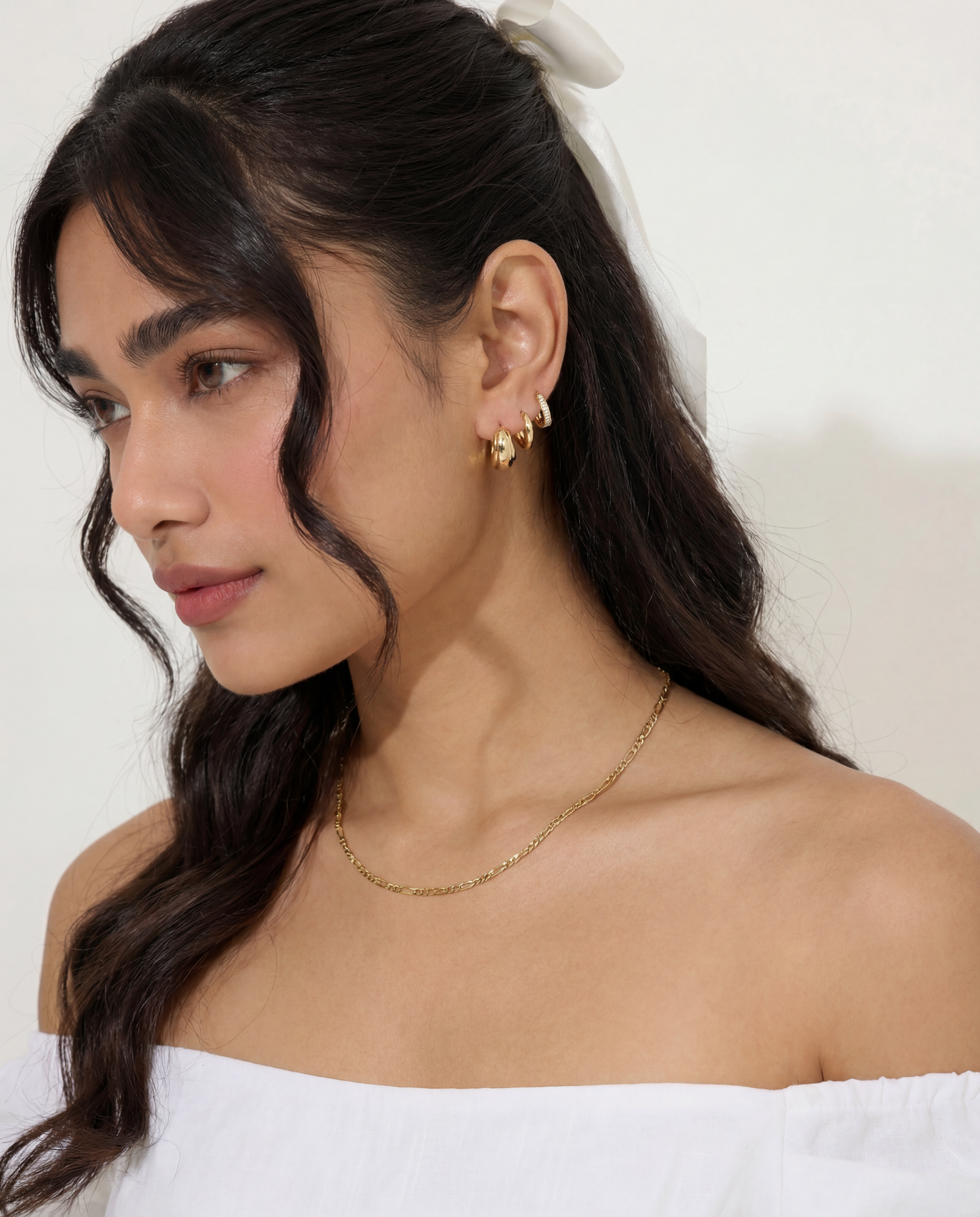 Set of Three 14k Gold Chunky Huggie Cubic Hoops