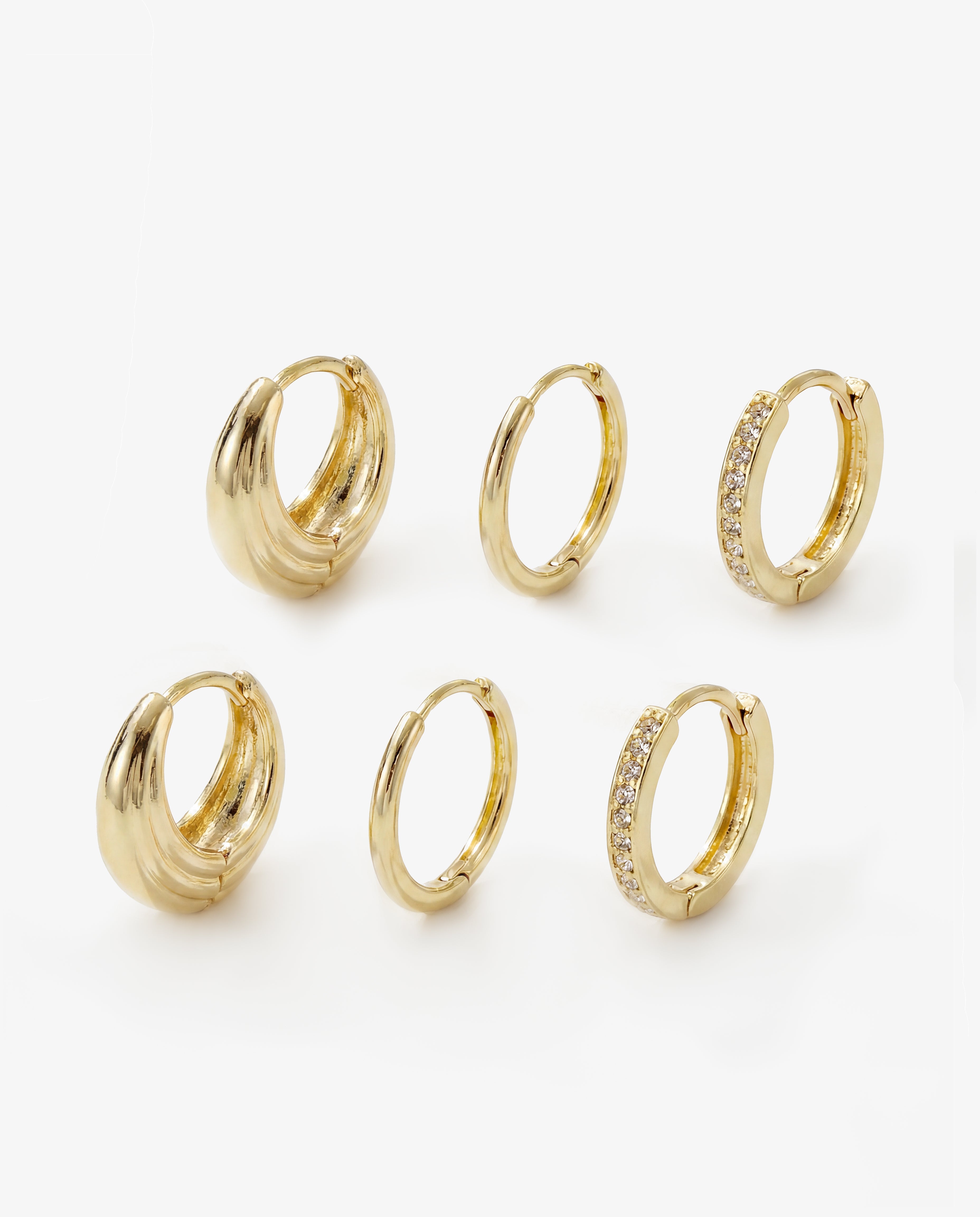 Set of Three 14k Gold Chunky Huggie Cubic Hoops