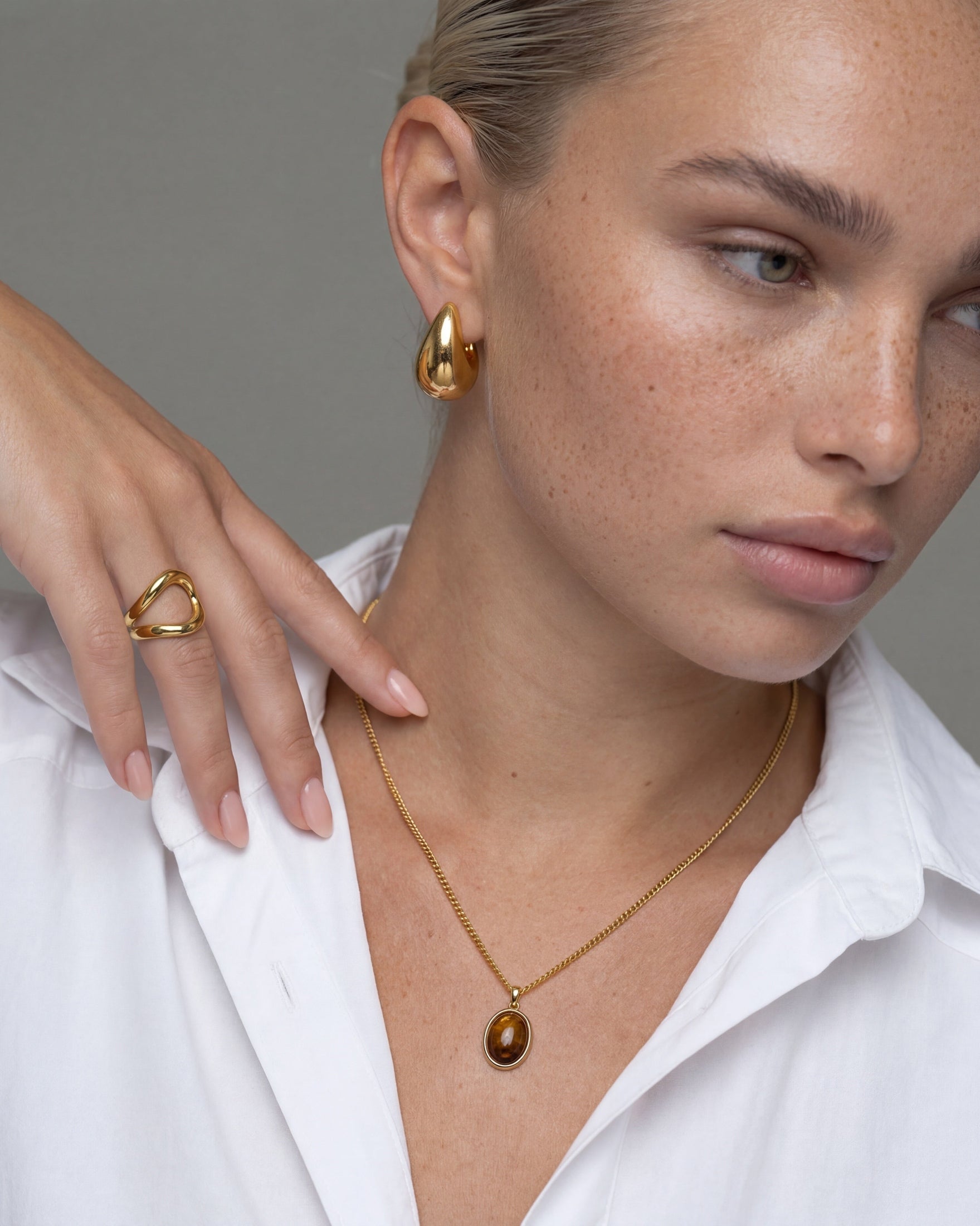14K Gold Drop Earth Stone Pendant Necklace