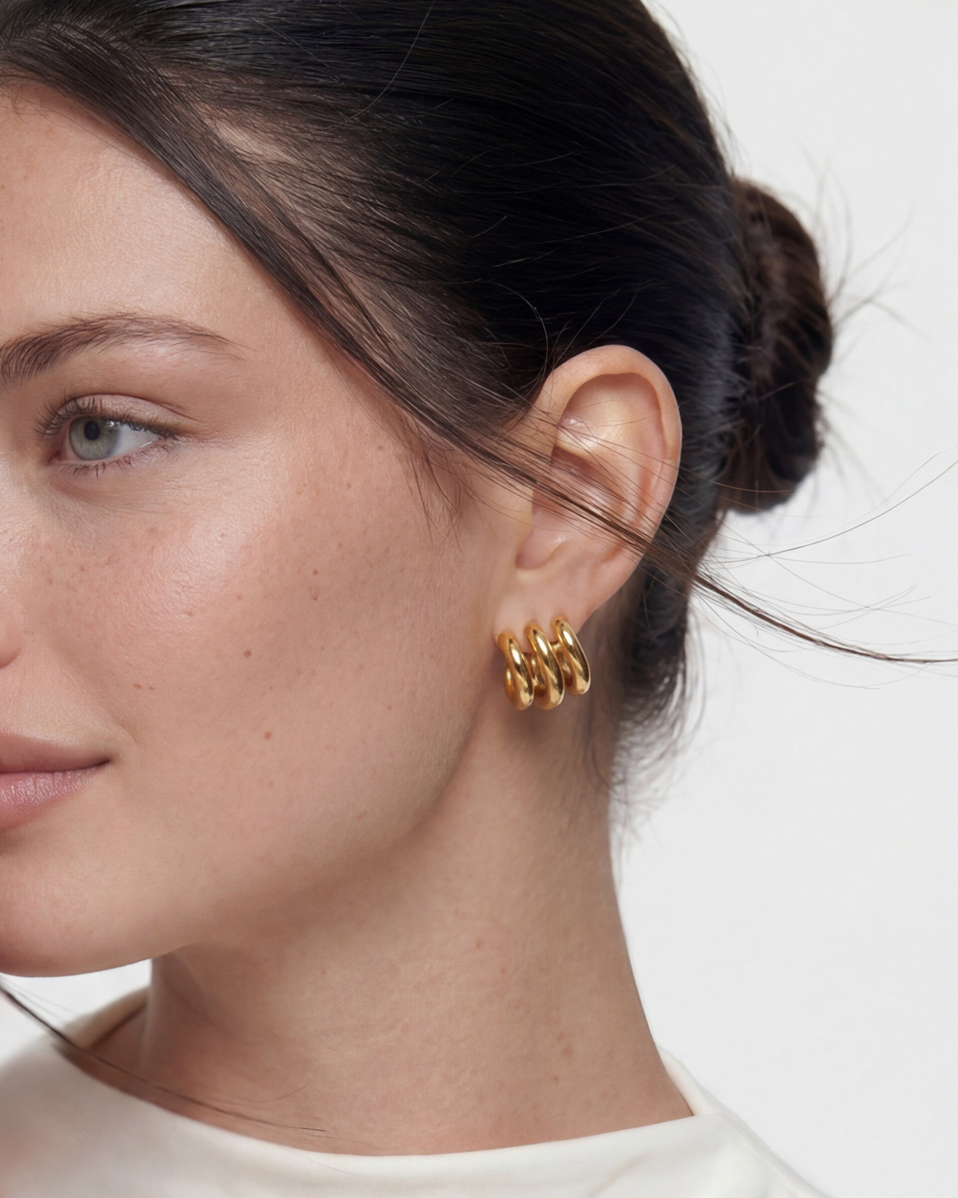 Chunky Triple Hoop Wave 14K Gold Studs