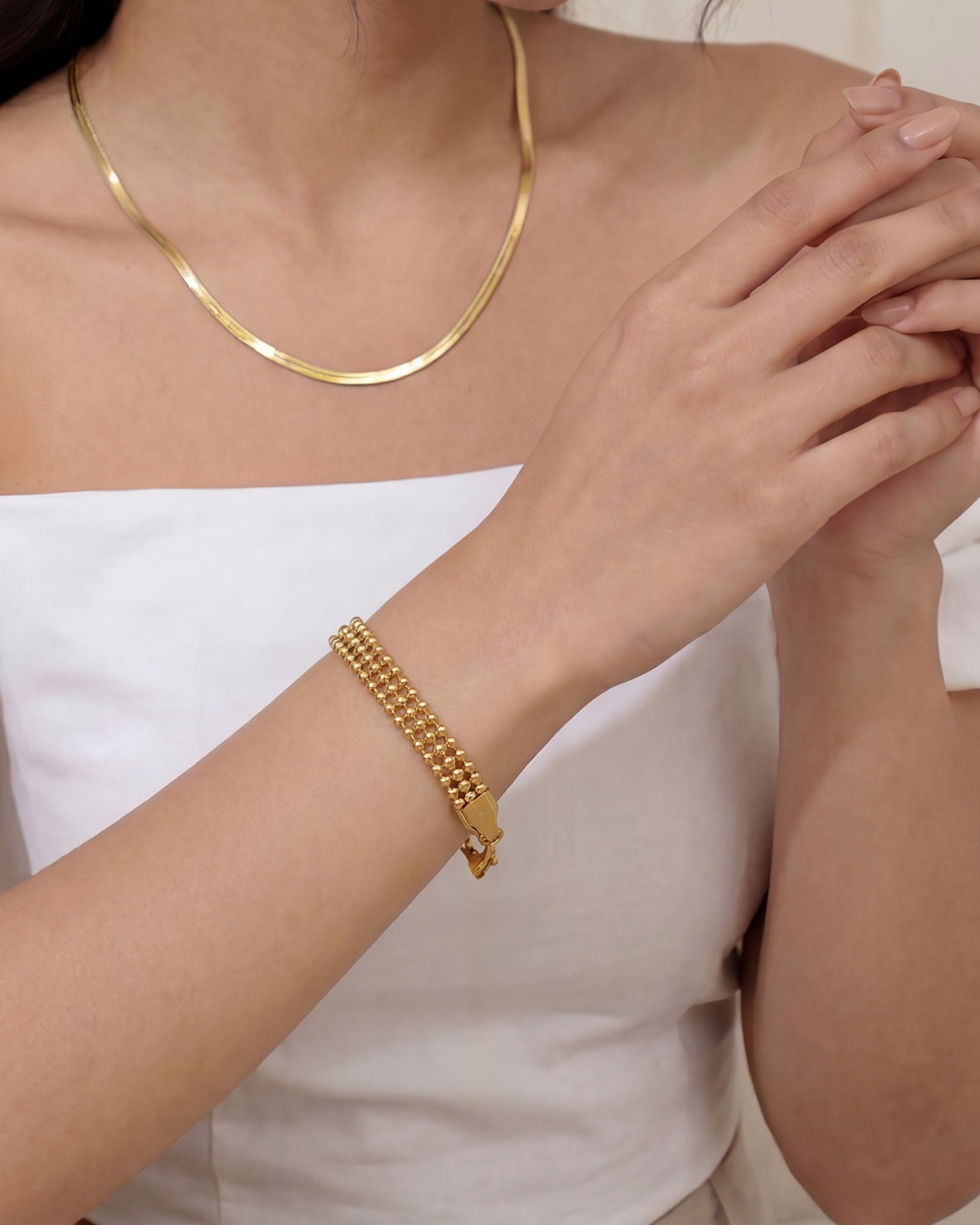 Triple Beaded Satellite Chain 14K Gold Link Bracelet