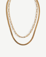 Double Chain Set - Herringbone & Paperclip Choker 14K Gold