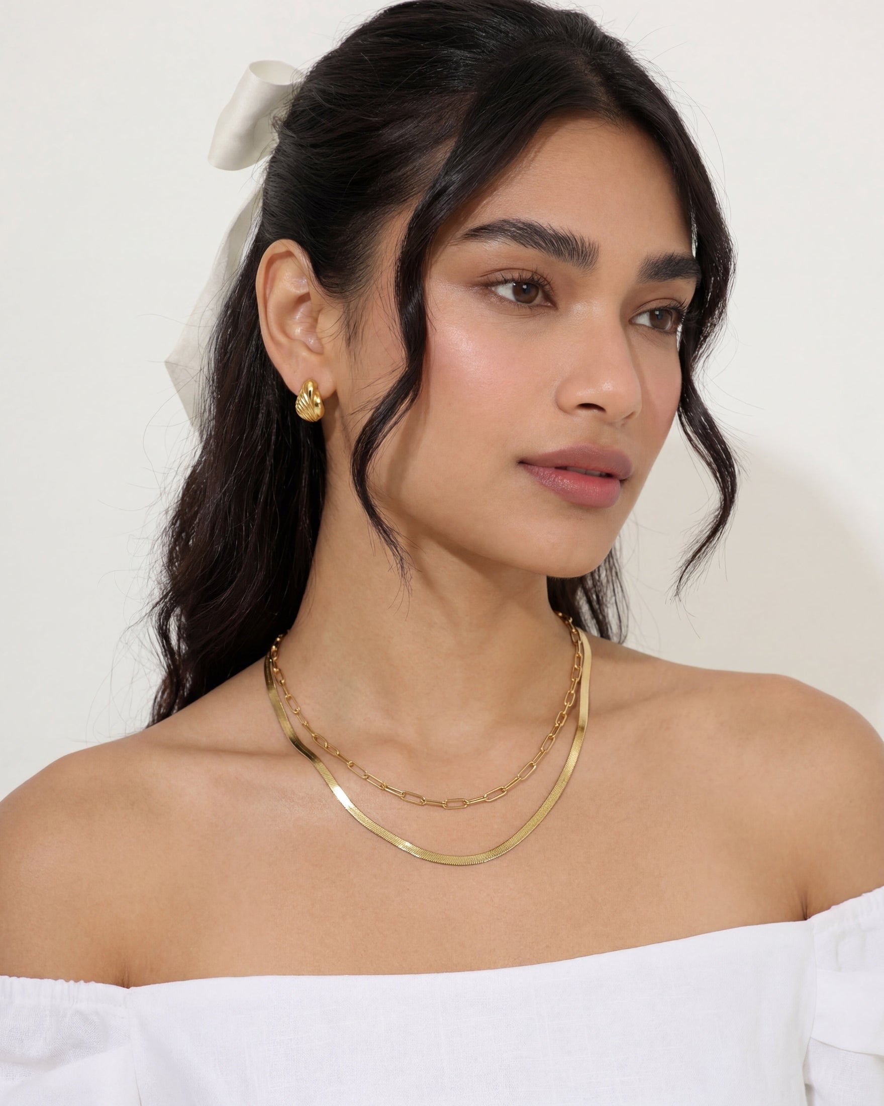 Double Chain Set - Herringbone & Paperclip Choker 14K Gold
