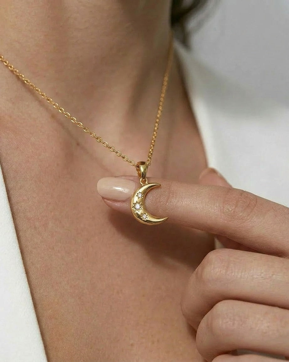 14K Gold Moon & Star Pendant Necklace