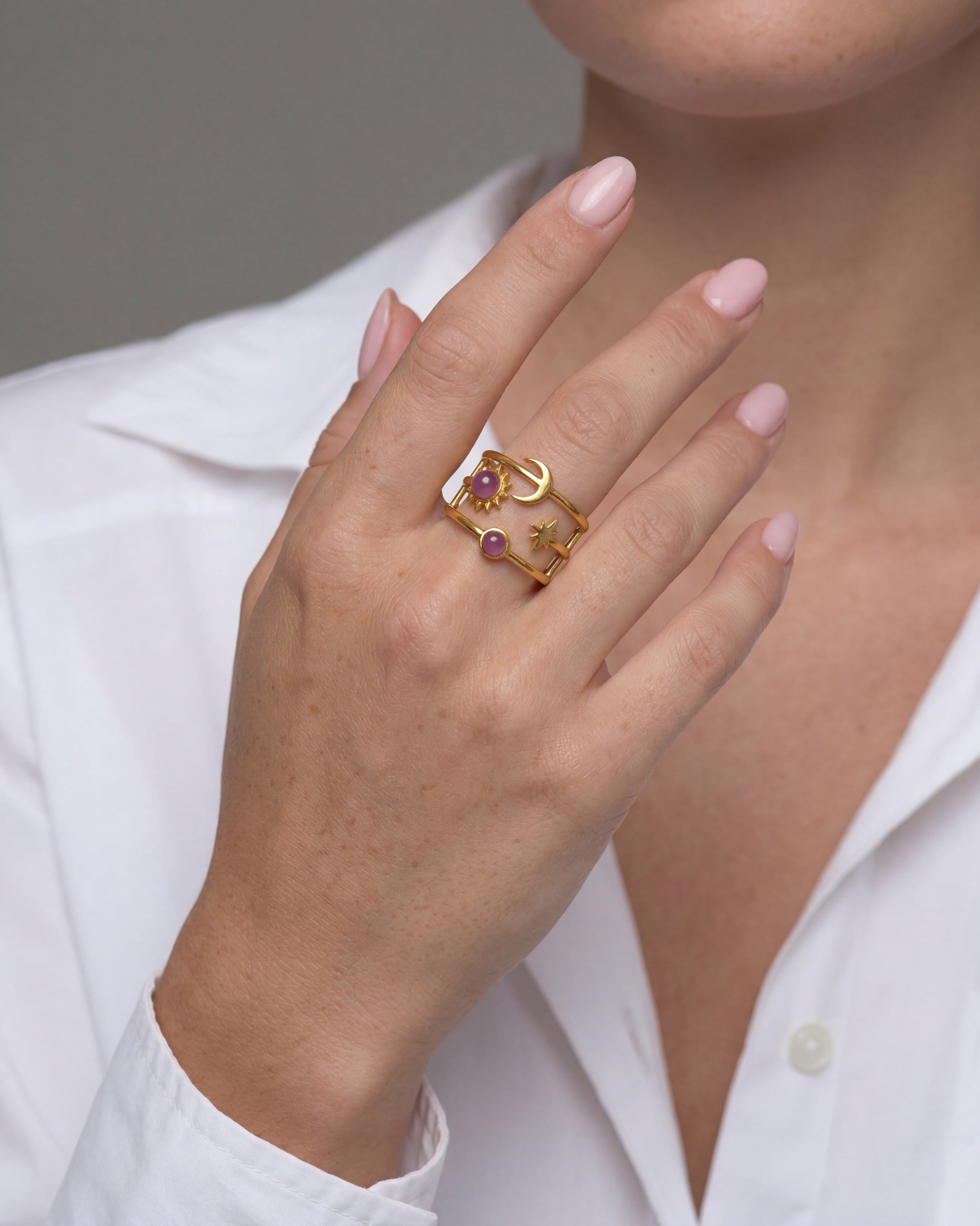 Chunky Star, Moon & Sun Gemstone 14K Gold Ring