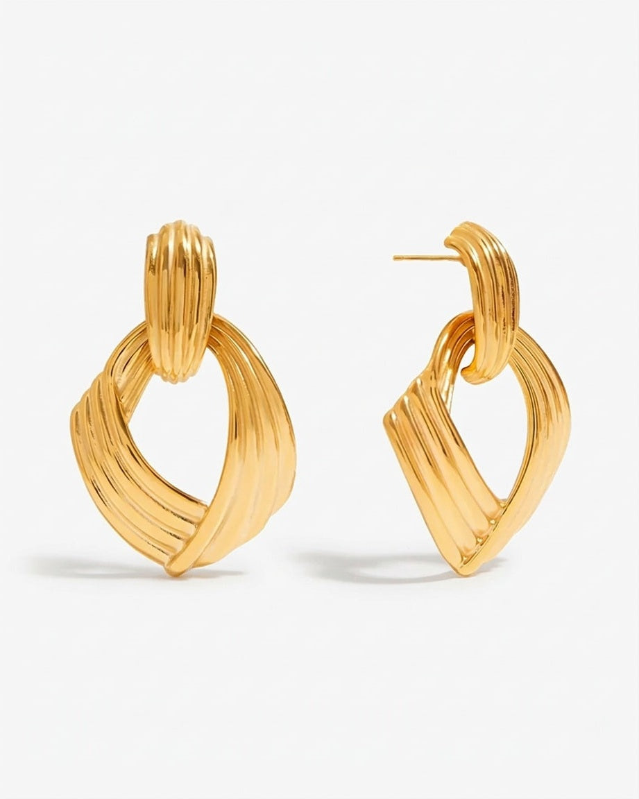 Large Thick 14K Gold Ribbed Drop Hoop Studs