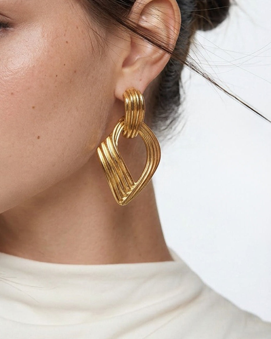 Large Thick 14K Gold Ribbed Drop Hoop Studs