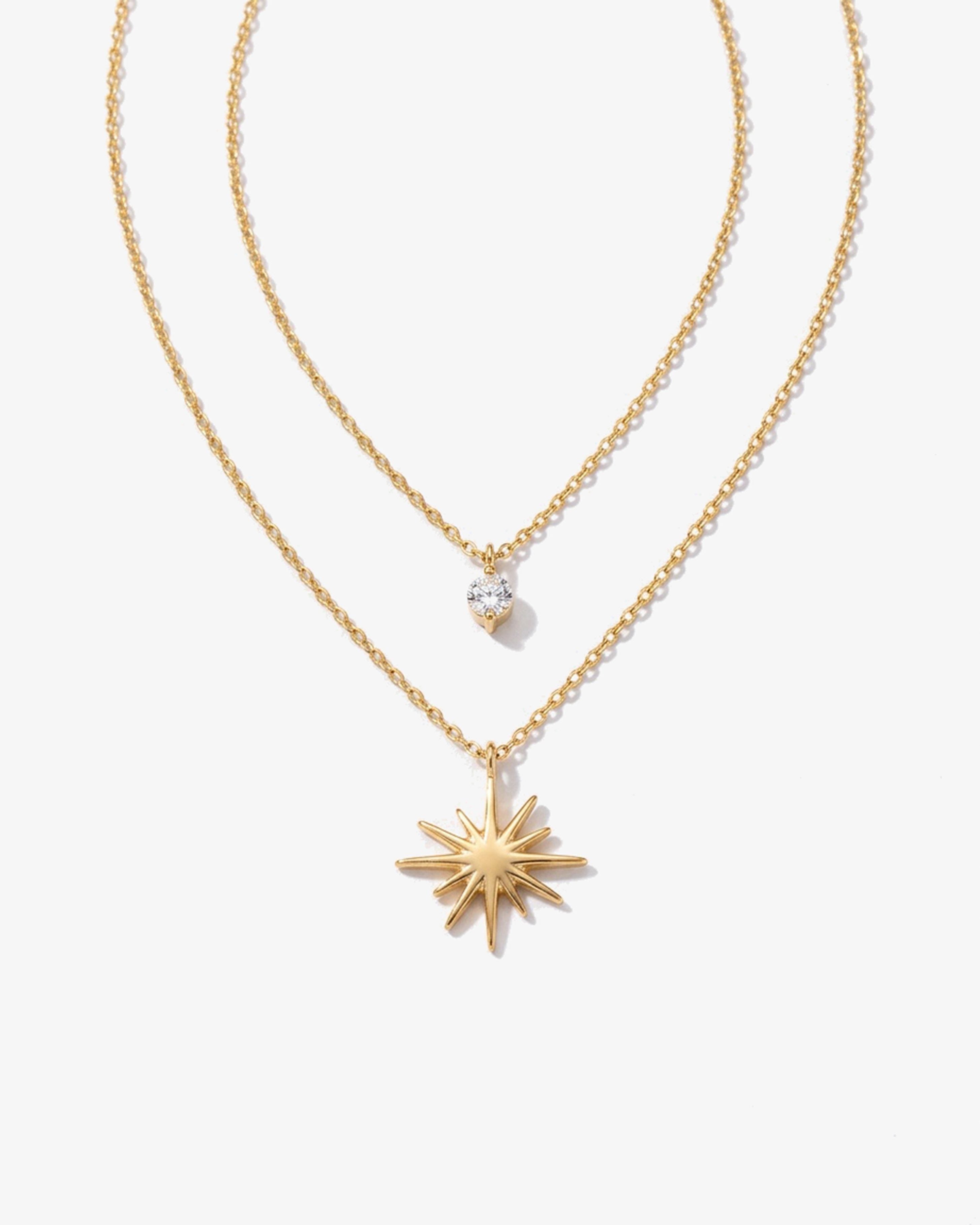 14K Gold Double Star Diamanté Pendant Necklace