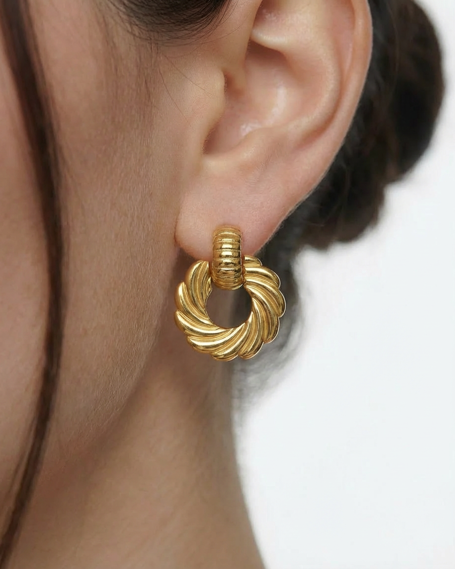 Thick 14K Gold Ribbed Hoop Studs