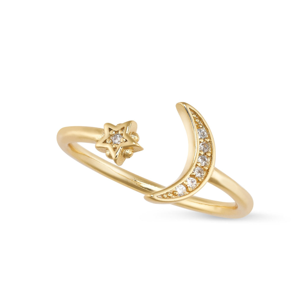 14K Gold Moon and Star Ring - Rings - Elk & Bloom