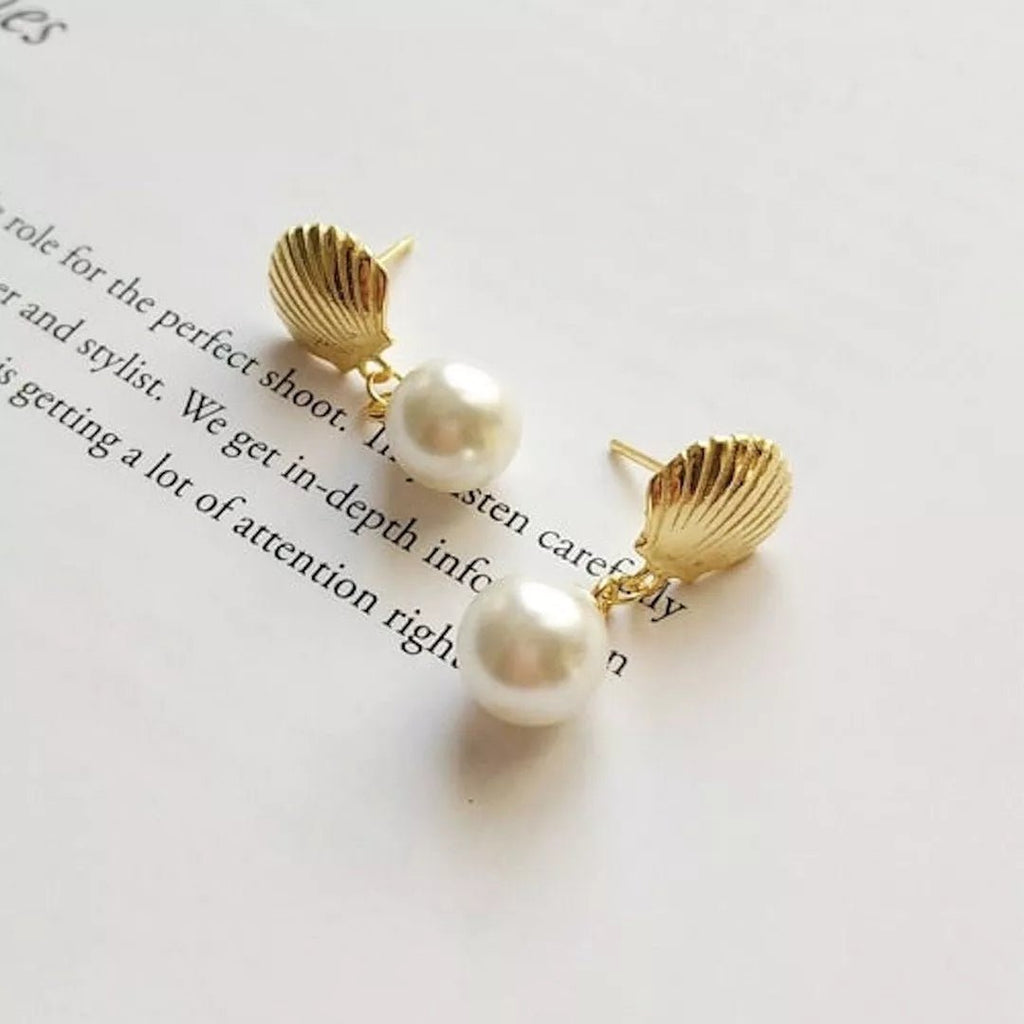 18K Gold Shell Pearl Mermaid Stud Earrings - Earrings - Elk & Bloom