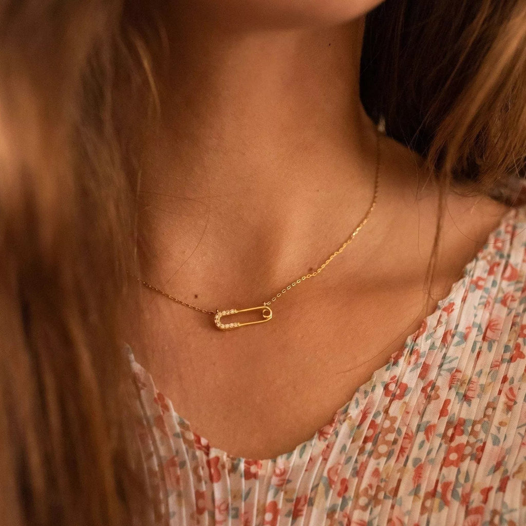 Dainty 14K Gold Safety Pin Necklace - Necklaces - Elk & Bloom
