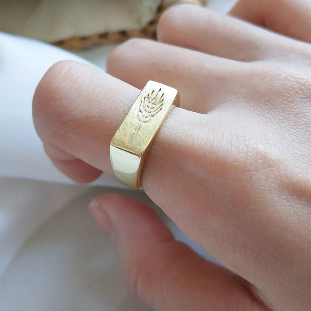 Thick 18K Gold Wheat Signet Ring - Rings - Elk & Bloom